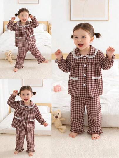 Baby Girls Pajamas-2 Piece Pajama Set Brown Plaid Lace Peter Pan Collar Round Neck Long Sleeve Button Front Top Elastic Waist Ruffle Hem Long Pants Sleepwear Four Season 2026 Holiday Essential Vintage Cozy Classic Cute