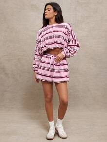 WESTFADE Áo nỉ cổ tròn dáng lửng kẻ sọc, dệt kiểu waffle, viền phồng - Nhiều màu - Xem 3