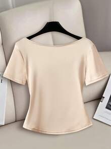 Franclia T-shirt à encolure plongeante et taille cintrée pour femmes, convient pour les rendez-vous, les dîners et les vacances d'été - Nude - Voir 2