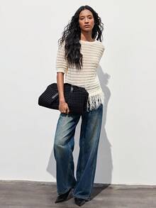 Maija 女士纯色圆领短袖镂空流苏下摆针织上衣，适合夏季假期、春假、春季、海滩、生日、外出等场合，优雅休闲，杏色上衣 - 杏色 - 查看 2