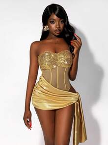 Amplova 女士性感系带迷你连衣裙，亮片拼接裹身裙摆，性感时尚，适合派对和夜店穿着。 - 金色 - 查看 2