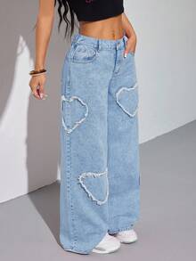 SHEIN PETITE 女士时尚休闲爱心装饰牛仔裤，侧边口袋，阔腿 - 淺色水洗藍 - 查看 4