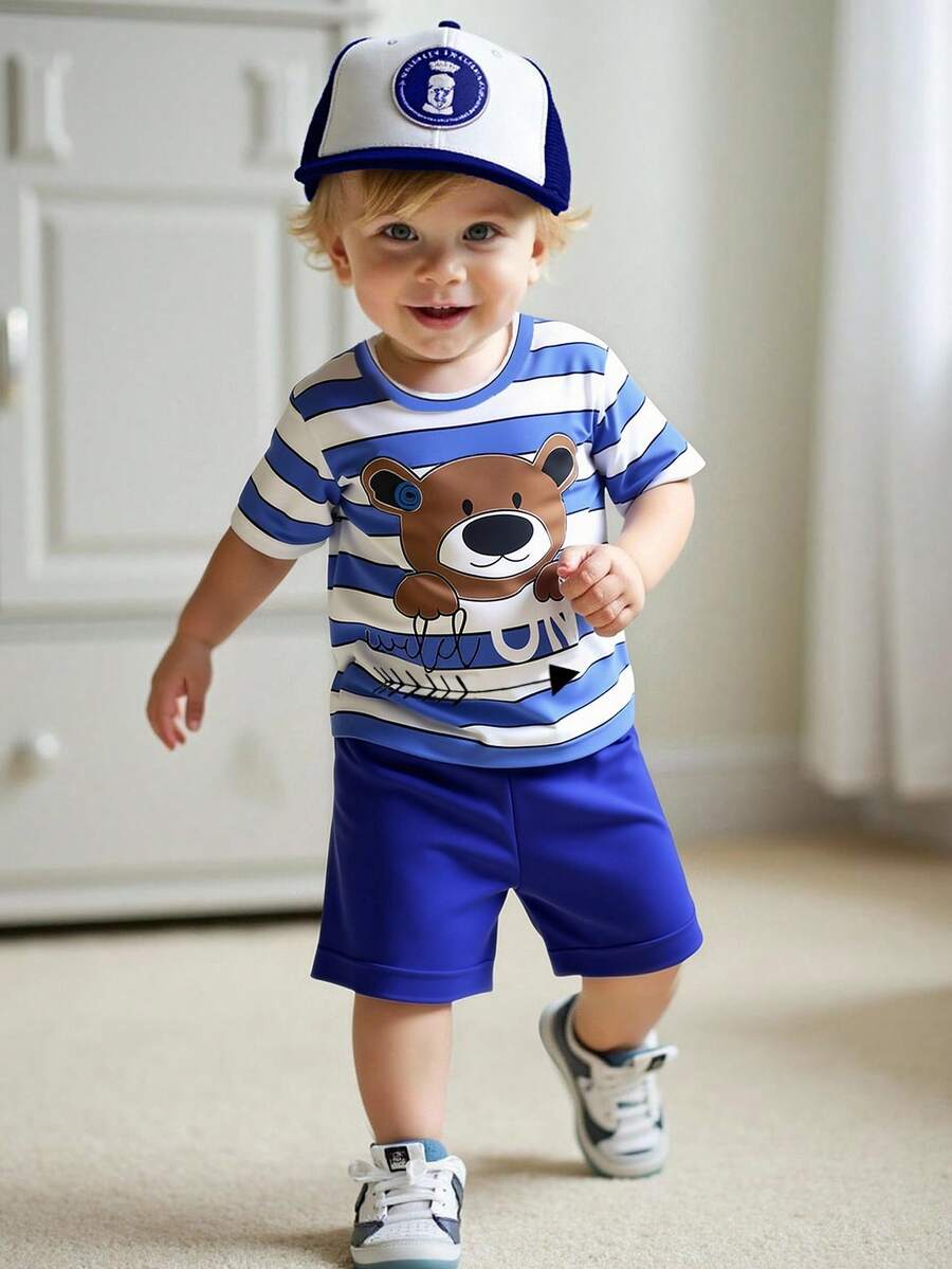 SHEIN 两件套幼儿男童T恤套装，圆领短袖上衣，蓝白条纹图案搭配卡通动物印花，配蓝色短裤，简约舒适，清新活泼，适合儿童日常穿着。 - 藍色 - 查看 1
