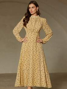 Revavyn Đầm midi dài eo thắt kiểu dáng châu Âu, họa tiết chấm bi màu nước thời trang, thích hợp cho mùa thu/đông. - Nhiều màu - Xem 5