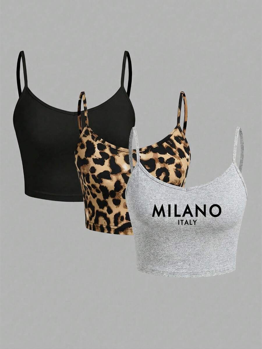 SHEIN EZwear 3pcs Leopard Print Women Tight Cropped Casual Camisole Tops, Suitable For Summer - Multicolor - View 1
