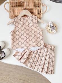 Playful Pals 2件套女婴夏季蝴蝶结印花吊带背心和百褶裙套装