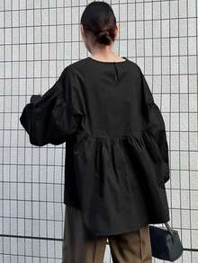 FRIFUL Women's Solid Black Round Neck Drop Shoulder Loose Casual Patchwork Blouse, Versatile Spring Outfit - Black - View 8