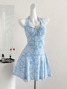 Sweetra Vestido de línea A para vacaciones, con textura plisada y efecto estilizante, estilo Y2K sexy - Azul - Ver 8