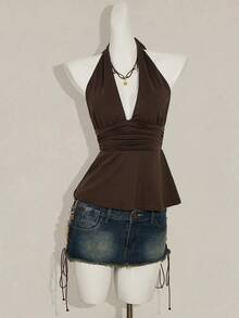 SHEIN ICON Y2k Women's Going Out Boho Brown Halter Backless Babydoll Tank Top Spring To Summer - Brown - View 3