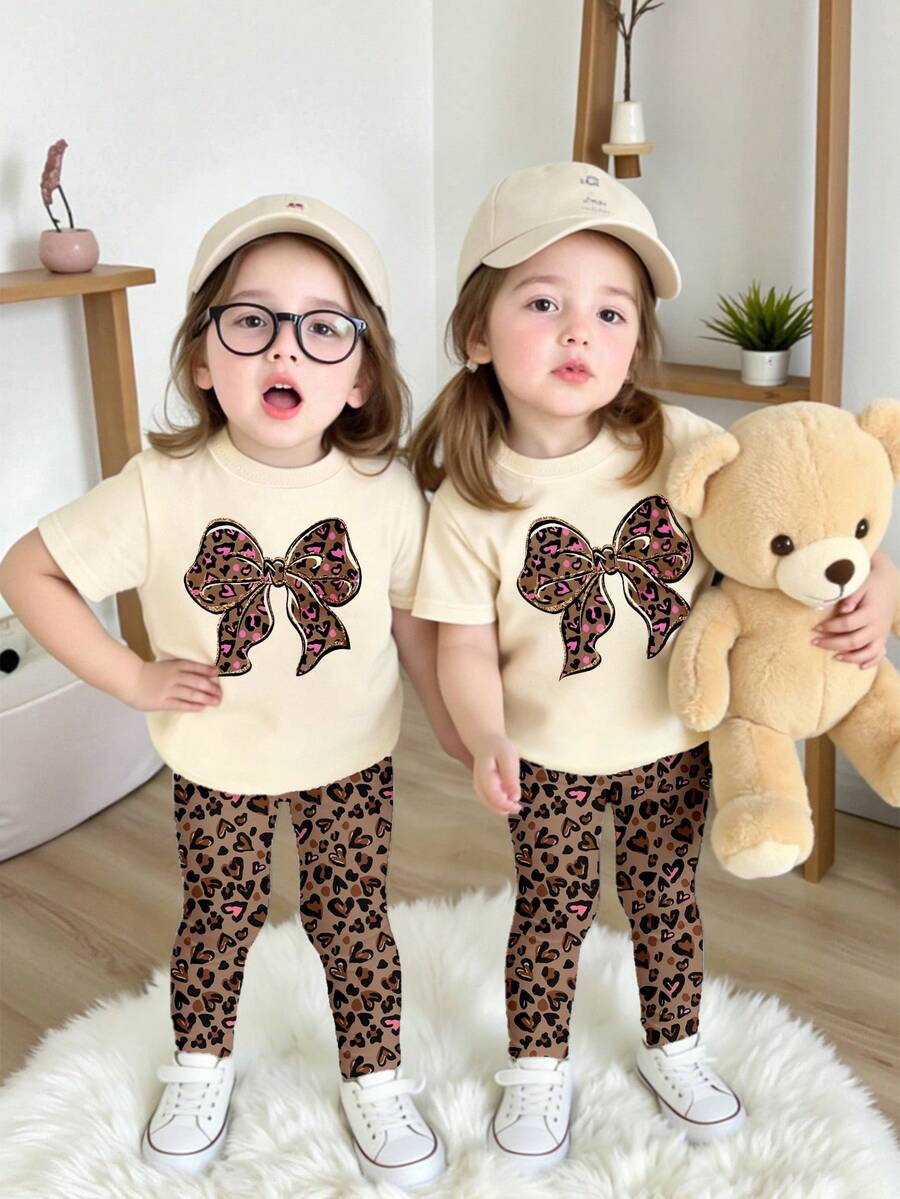 Spring & Summer Baby Girls Casual Fashion Creative Personalized Fresh Minimalist Cute Heart, Leopard Print, Bow Decor Pattern Printed Short T-Shirt And Leggings 2-Piece Outfit, Comfortable Daily Wear, Cozy For Spring, Summer & Fall - Multicolor - View 1