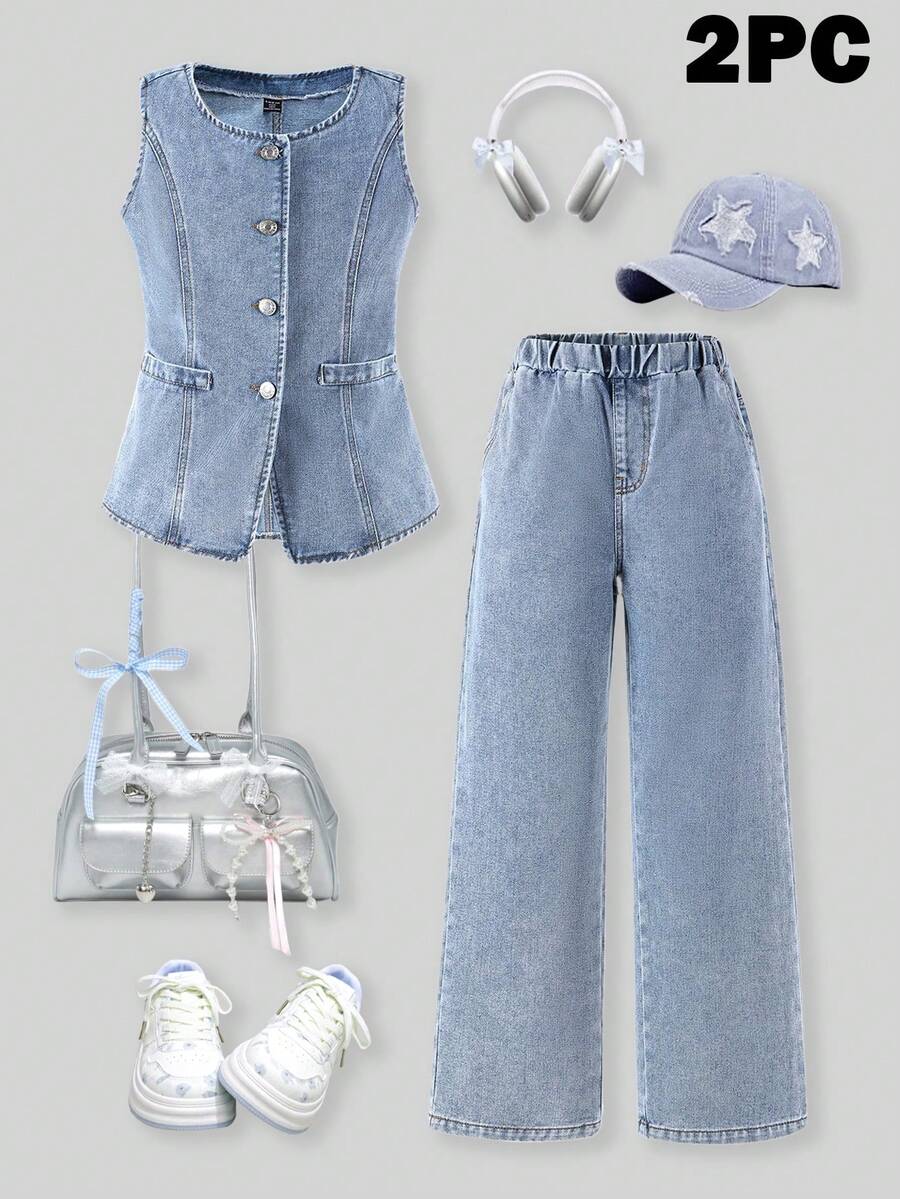 Girls' Single-Breasted Sleeveless Top And Wide-Leg Jeans Casual Outfit - Blue - View 1
