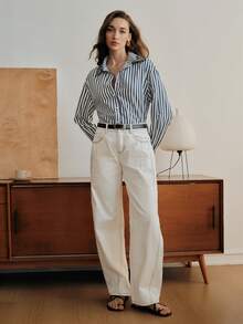 Anewsta Áo sơ mi nữ tay dài kẻ sọc thanh lịch mùa thu/đông mới, kiểu dáng sang trọng, thích hợp mặc đi làm hoặc đi làm. - Xanh đậm - Xem 5