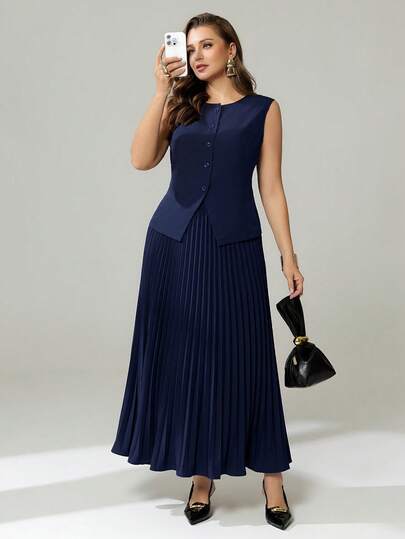 Auralis Plus-Size Women's Spring/Summer Fashion Elegant Comfortable Everyday Suit Vest And Pleated Skirt In Dark Blue,Curve Suit,Office Wear,Business Style,Old Money Style,Spring Outfits,Work Set,Commuting Clothing