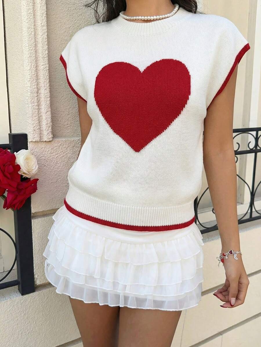 MainGRL 女士休闲情人节约会心形图案撞色滚边白色毛衣背心