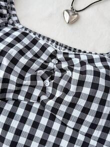 SHEIN 少女复古格子荷叶边A字衬衫，休闲学院风 - 黑與白 - 查看 4