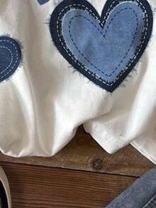 SHEIN قميص تي شيرت قصير الأكمام بياقة دائرية مناسب للفتيات، مطبوع برسومات قلوب وحروف، مناسب للصيف - متعدد الألوان - مشاهدة 5