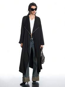 Airlisse 女士新款长款黑色风衣，领口铆钉装饰，休闲机车风，春夏款 - 黑色 - 查看 5