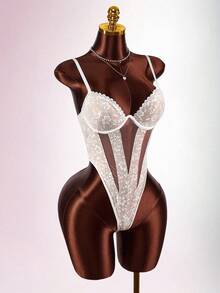 Amplova Elegant White Semi Sheer Cami Bodysuit With Intricate Lace Details - White - View 4