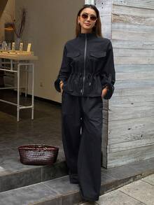 Livesso 女士高领宽松上衣和休闲裤两件套，秋冬季 - 藏蓝色 - 查看 5