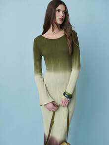 Nöista Elegant Gradient Ribbed Knit Sweater Dress With A Fitted Silhouette, Long Sleeves, And Subtle Flared Cuffs. Soft Stretch Fabric With An Ombré Green-To-Brown Finish Creates A Refined, Feminine Look Ideal For Valentine's Day Outfits, Date Nights, Spring Events, Vacations, And Elevated Everyday Wear. - Green - View 4