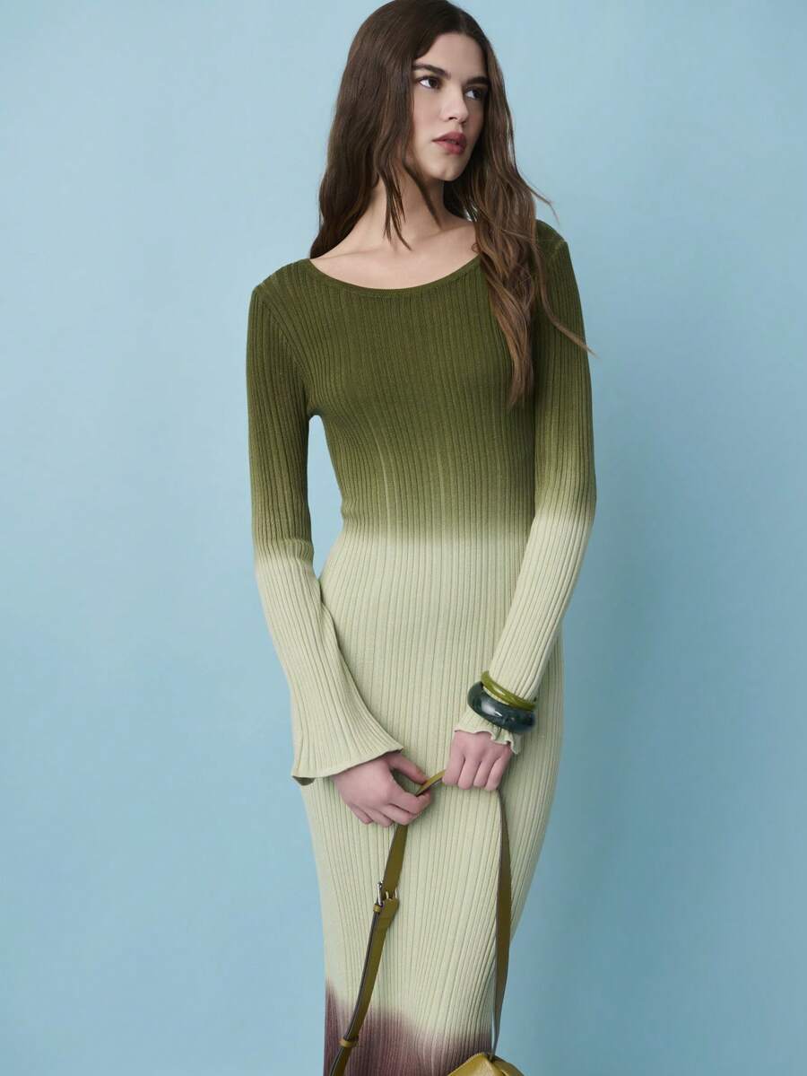 Nöista Elegant Gradient Ribbed Knit Sweater Dress With A Fitted Silhouette, Long Sleeves, And Subtle Flared Cuffs. Soft Stretch Fabric With An Ombré Green-To-Brown Finish Creates A Refined, Feminine Look Ideal For Valentine's Day Outfits, Date Nights, Spring Events, Vacations, And Elevated Everyday Wear. - Green - View 1