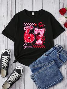 1件少女休闲时尚创意个性化清新简约爱心花朵数字67星星蝴蝶结格子图案字母标语印花T恤，舒适春夏款，适合情人节穿着 - 黑色 - 查看 8