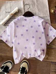 Camiseta corta básica y relajada con estampado de letras, gráficos de estrellas y cuadros coloridos, diseño fresco y sencillo, ideal para niñas jóvenes, uso diario cómodo, apropiada para primavera, verano y otoño - Multicolor - Ver 2