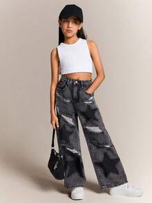 Radiana Y2K Grunge Punk Girls' Loose Fit Distressed Star Patched Contrast Color Wide Leg Boy Friend Jeans, School,Streetwear - Black - View 3