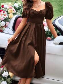 Aveloria Rosie Ruched Fake Button Puff Sleeve Sweetheart Neck Split Thigh Satin Dress Vacation Outfits Woman  - Brown - View 1