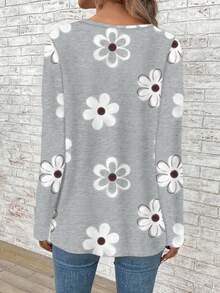 EMERY ROSE Áo thun nữ cỡ lớn tay dài cổ chữ V dáng rộng, phong cách lãng mạn, thanh lịch, in họa tiết hoa, thích hợp cho mùa xuân và mùa thu, màu xám, quà tặng ngày Valentine, quà cho kỳ nghỉ. - Nhiều màu - Xem 2