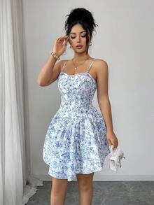 Selianne 女士优雅碎花吊带低腰A字不对称下摆迷你连衣裙，春夏款 - 藍色 - 查看 5