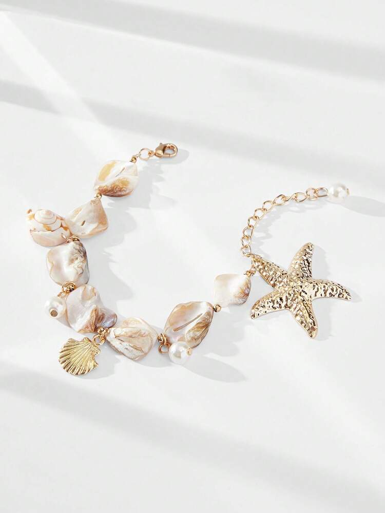 SHEIN Maija Bohemian Asymmetrical Beaded Seashell Starfish Pendant Bracelet