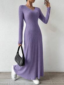 SHEIN Raffinéa 纯色V领针织抓绒长袖A字连衣裙女装 - 紫色 - 查看 6