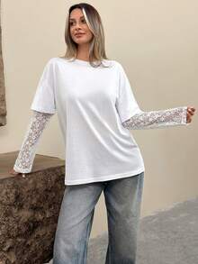 EURMUSE 宽松版型T恤，圆领，长款透视蕾丝袖，柔软棉混纺面料，休闲时尚，尽显女性柔美气质，透气轻盈，日常穿着舒适，打造时尚叠穿造型，日夜皆宜。 - 白色 - 查看 5