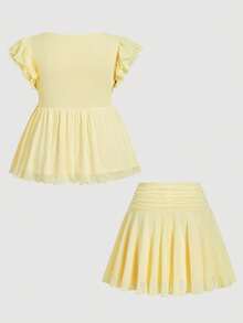 SHEIN MOD Bộ đồ 2 món thời trang màu vàng dành cho nữ cỡ lớn: Áo tay ngắn buộc dây phía trước và chân váy ngắn. - Màu vàng - Xem 4