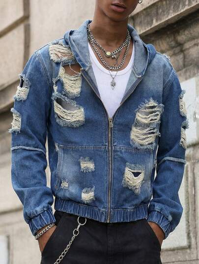 Manfinity EMRG Distressed Washed Blue Denim Oversized Loose Fit Cargo Jacket Grunge Jacket