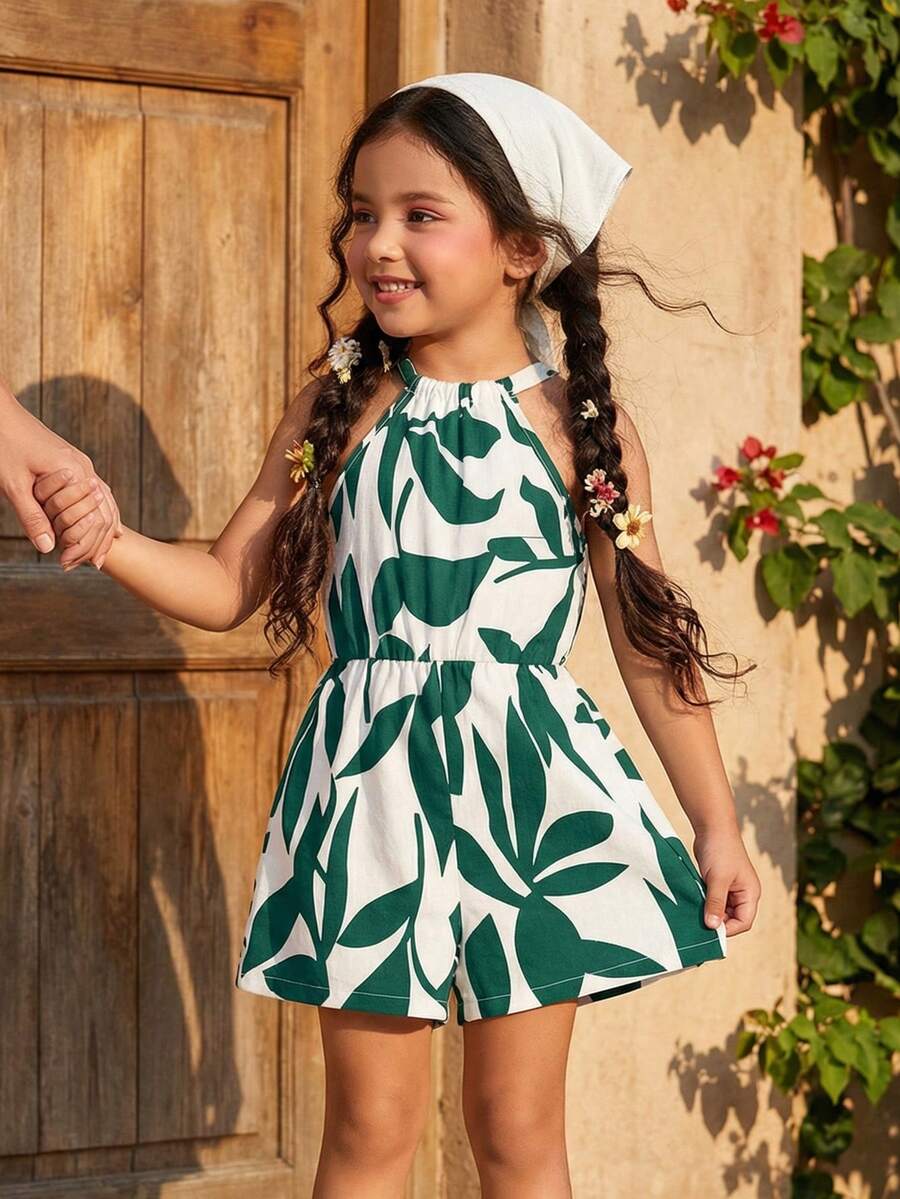 Elladie kids Mono de verano casual con estampado floral y cuello halter para niña - Verde - Ver 1
