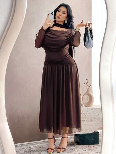 Modelyn Elegant Solid Color Mesh Off Shoulder Long Sleeve Cowl Neck Fitted Maxi Dress, Plus Size, Spring/Autumn