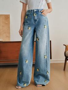 Anewsta Women's Fashion Pockets Fruit Embroidery Straight Leg Jeans - Blue - View 8