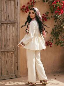 Teen GirlElegant Floral V-Neck Blouse And Pants Holiday Outfit Set - Apricot - View 2