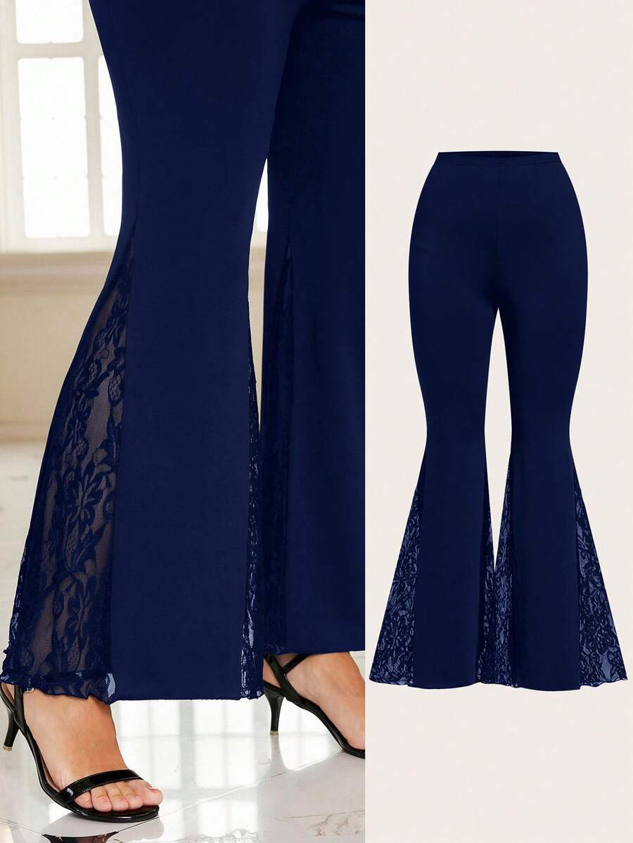 SHEIN Clasi Pantalones pitillo con volantes de encaje y parches, en color negro, talla grande - Azul - Ver 1