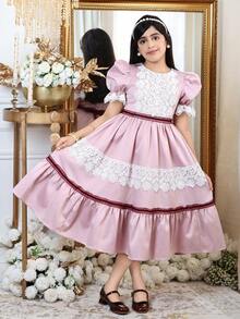SHEIN Tween Girl Elegant Light Pink & White Color Block Ruffle Lace Trim Puff Sleeve Midi Princess Dress, Tween Girl Vintage Autumn Tea Party Dress, Partywear - Pink - View 9
