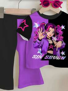 SHEIN 年轻女孩休闲时尚彩色韩流女团字母星星印花个性化圆领短袖T恤和喇叭裤套装 - 彩色 - 查看 6