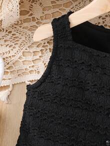 Young Girl Woven Solid Color Casual Vacation Sleeveless Textured Shirt, Summer - Black - View 5