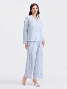 Loungeista 2pcs Women Loose Comfortable Breathable Long Sleeve Top And Long Pants Pajama Set, Cute Home Wear, Fall & Winter Clothes - Blue - View 2