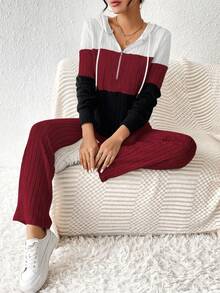SHEIN LUNE Bộ quần áo trùm đầu và áo liền quần màu sắc thường ngày mùa thu - Đỏ - Xem 6