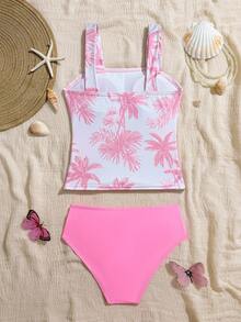 Tween Girls' Summer Vacation Beach Coconut Tree Print Tankini Set - Baby Pink - View 2