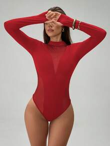 Almamuse Petite Women's Fashion Sheer Mesh Patchwork Long Sleeve Hollow Out Bodysuit For Beach - Red - View 6