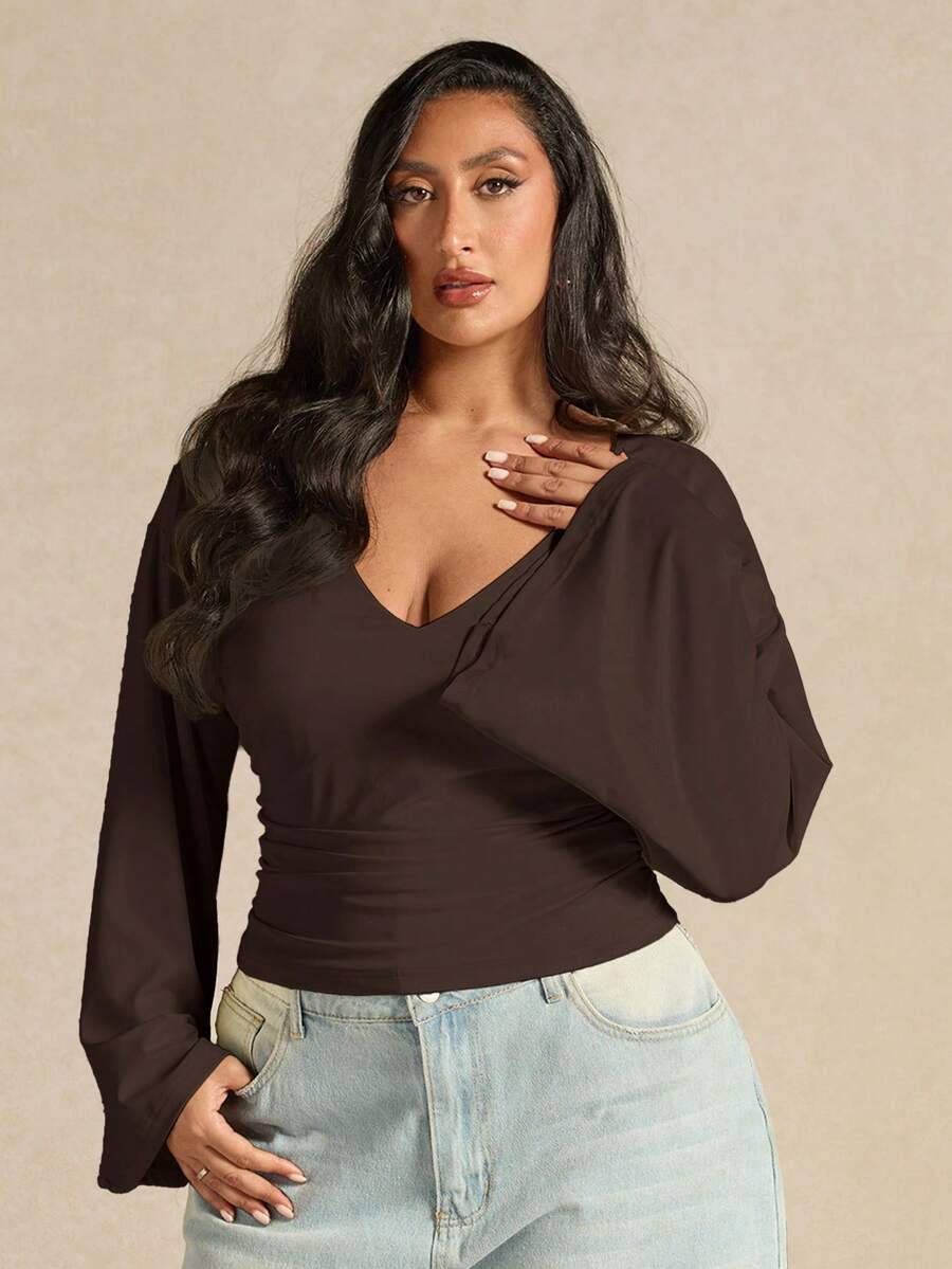 SHEIN BAE Plus Size Women's Apricot V-Neck Bell Sleeve Knit Top - Coffee Brown - View 1