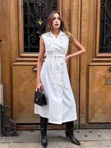 Pariaura Sleeveless White Windbreaker / Double-Breasted Tie-Waist Slimming Long Commuter Jacket - White - View 4